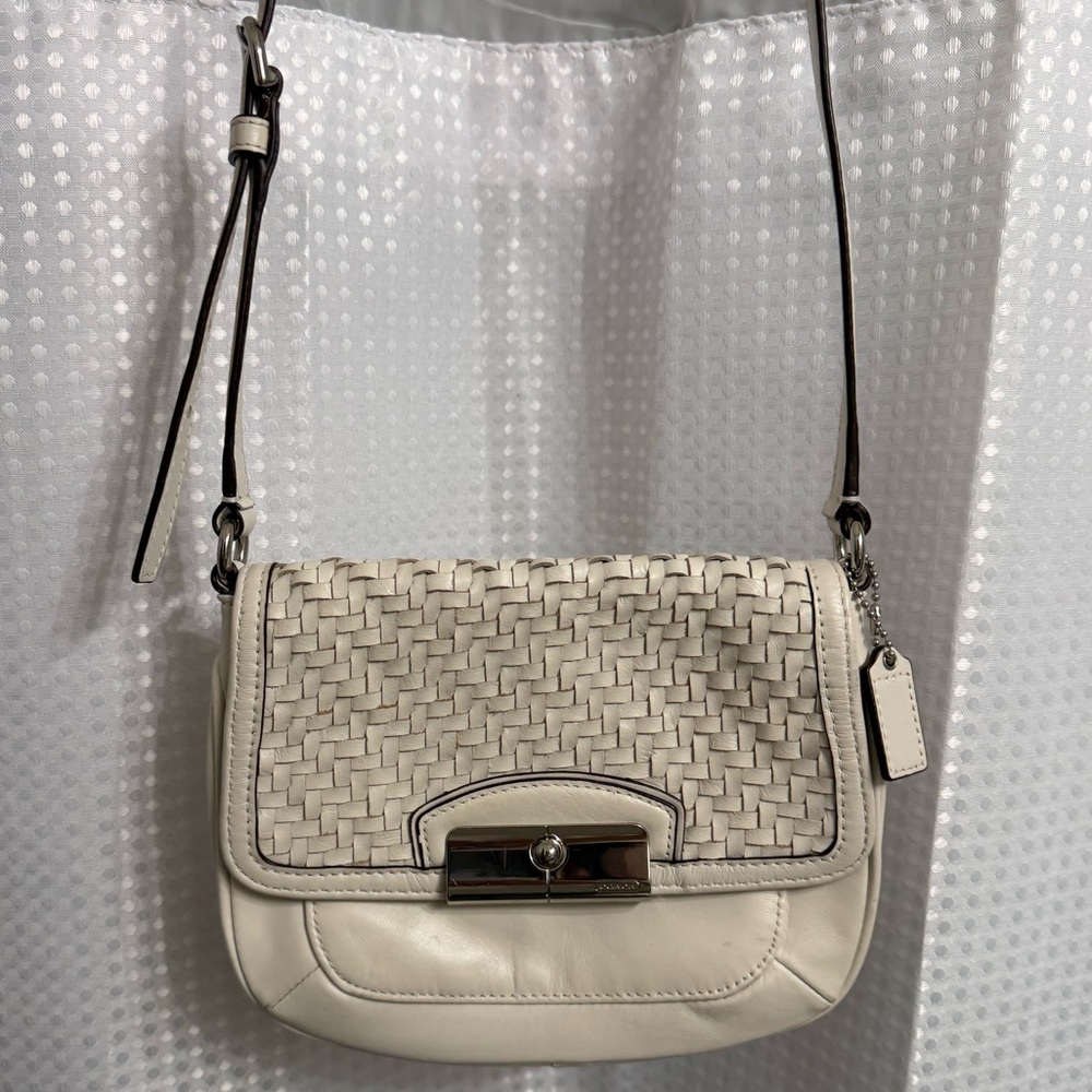 Y2K Cream Woven Leather Coach Crossbody Bag